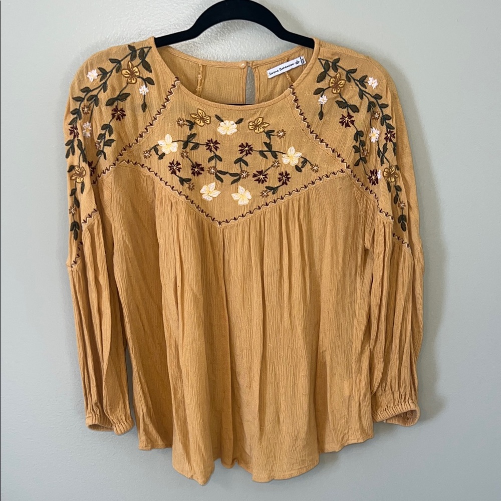 Embroidered Mustard Peasant Blouse - Unknown Brand